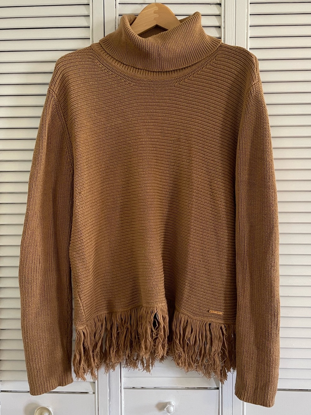 Michael Kors Ribbed Turtleneck Sweater, Fringe Hem, Camel Brown, XL